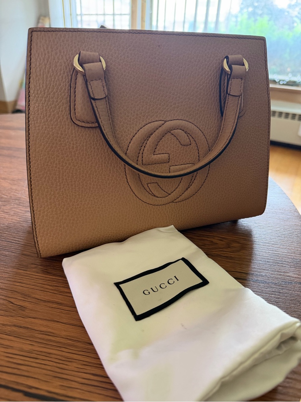 Gucci Beige/Tan Grained Leather Satchel with Embossed Double G